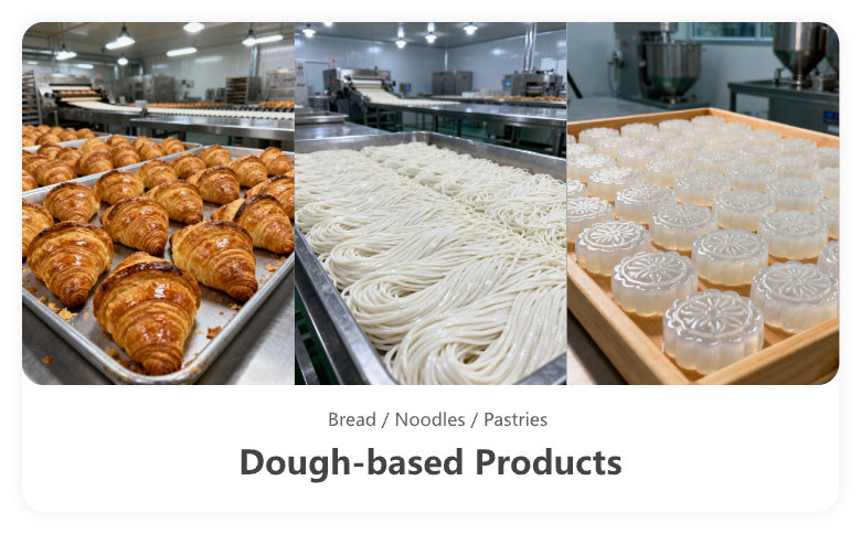 Various dough-based products like croissants and noodles