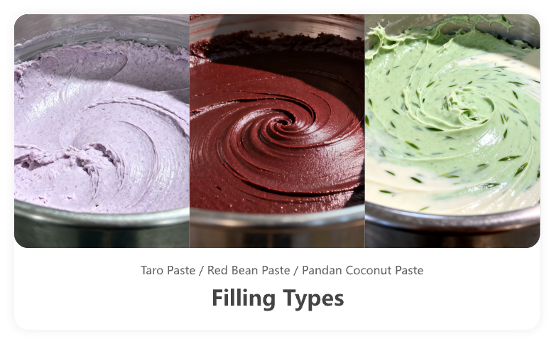 Various filling types like taro paste and red bean paste